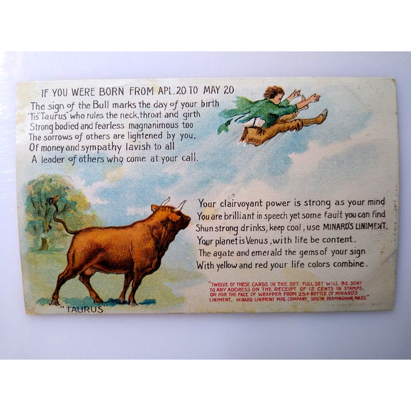 Fortune Postcard Fantasy Horoscope Astrology Taurus Bull Sign Venus Agate 1907 - Picture 2 of 3